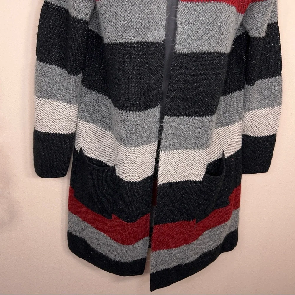 Petite Large IN Studio Colorblock Long Sleeve Open Front Sweater Black Grey Red
